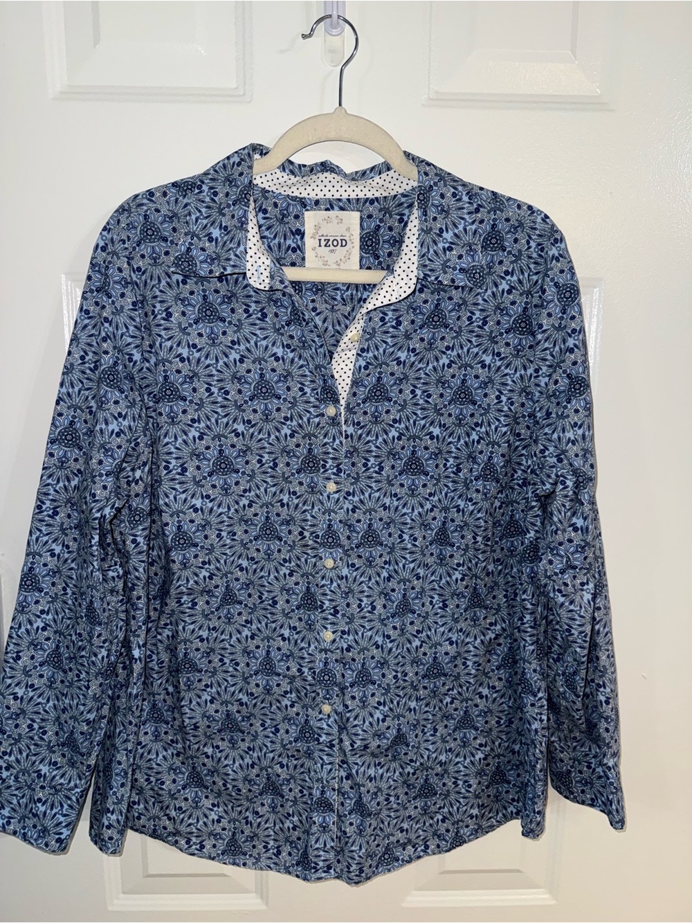IZOD Women’s 1X Blue Floral Paisley Button Down Shirt 100% Cotton Long Sleeve